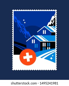 Postmark style ski resort landscape, composition of mountians, houses, swiss flag.