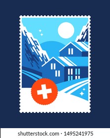 Postmark style ski resort, north landscape, composition of mountians, houses, swiss flag.