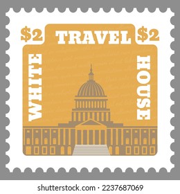 Postmark with white house and American architecture, sightseeing and sights. Travel and discover cultural heritage of United States USA. Postal mark or card with price. Vector in flat style