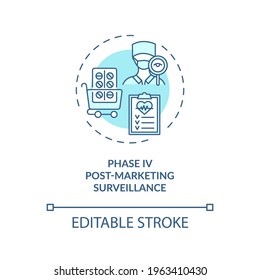 Post-marketing surveillance concept icon. Trials phase 4 idea thin line illustration. Medicine distribution. Regular surveying, sampling. Vector isolated outline RGB color drawing. Editable stroke