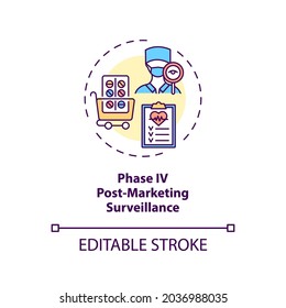 Post-marketing surveillance concept icon. Trials phase 4 idea thin line illustration. Medicine distribution. Adverse effects detection. Vector isolated outline RGB color drawing. Editable stroke