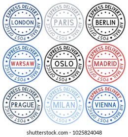 Postmarks. Collection of ink stamps with european cities. Vector illustration isolated on white background