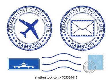 Postmarks HAMBURG and stamps. Blue postal elements. Vector illustration isolated on white background