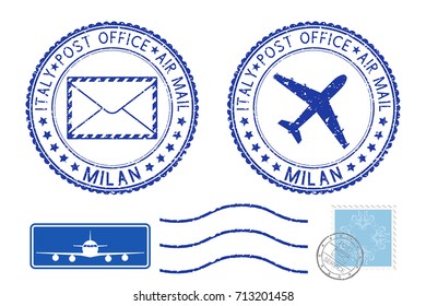 Postmarks MILAN and stamps. Blue postal elements. Vector illustration isolated on white background