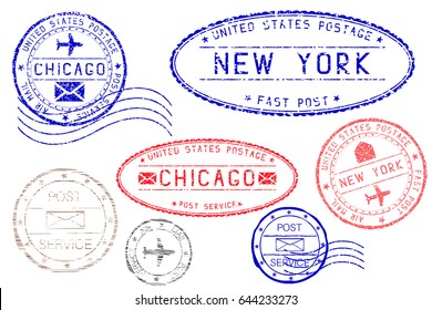 Postmarks NEW YORK and CHICAGO. Blue and red ink postal elements. Vector illustration isolated on white background