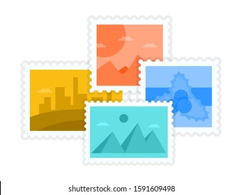 Postmarks and postage stamps with famous landmark collection. Cartoon travel labels design. Worldwide architecture attractions templates. Tourism and vacation. Post set. Vector flat illustration