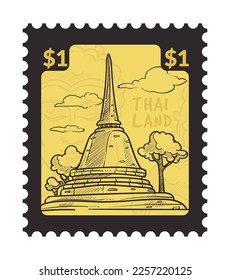 Postmarks and postcards with famous Thailand sights and famous places, architecture. Traveling and vacation. Postal mark or card, mail correspondence monochrome sketch outline. Vector in flat style