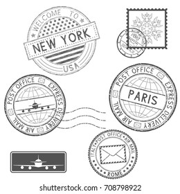 Postmarks and tourist stamps. Vector illustration isolated on white background