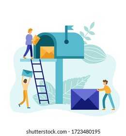 Postmen deliver mail flat style concept. Mailbox with letters. Delivery service design for mobile app, banner or web page. Email inbox vector illustration