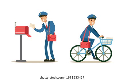 Postmen Delivering Correspondence Set, Postal Carrier Characters in Blue Uniform and Cap Carrying Letters, Newspapers and Parcels Cartoon Vector Illustration