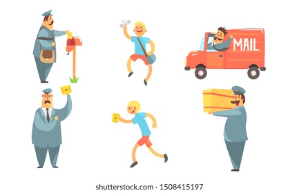 Postmen Delivering Letters Set, Funny Deliverymen Cartoon Characters with Parcels, Shipping Service Vector Illustration