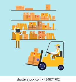Postmen Laid Parcels. Worker On Forklift. Post Office, Postal Storage, Mail Service. Vector Illustration