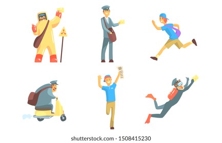 Postmen with Letters Set, Funny Deliverymen Cartoon Characters Delivering Parcels in Various Ways Vector Illustration