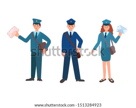 Postmen at work to deliver correspondence, letters, newspapers, parcels. Two male postmen and one female postman in the uniform of post office workers. Vector illustration.