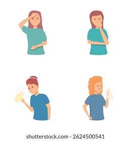 Postmenopause icons set cartoon vector. Woman experiencing negative emotion. Mood swing, cartoon person