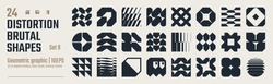 Postmodern abstract geometric graphic elements, Refraction and distortion glass effect various form, Brutalist vector shapes, trendy retro design symbols in Y2K aesthetics, vintage stickers, set 9