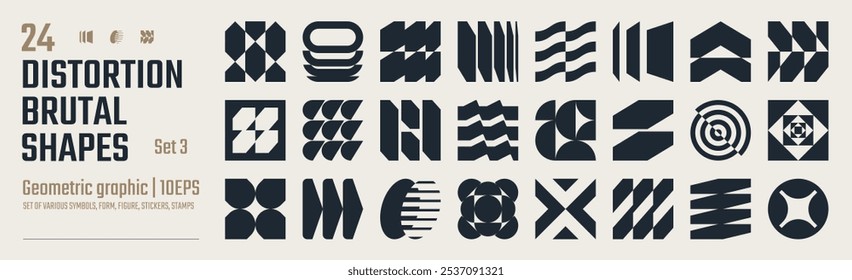 Postmodern abstract geometric graphic elements, Refraction and distortion glass effect various form, Brutalist vector shapes, trendy retro design symbols in Y2K aesthetics, vintage stickers, set 3