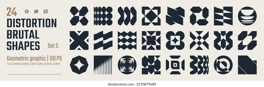 Postmodern abstract geometric graphic elements, Refraction and distortion glass effect various form, Brutalist vector shapes, trendy retro design symbols in Y2K aesthetics, vintage stickers, set 5