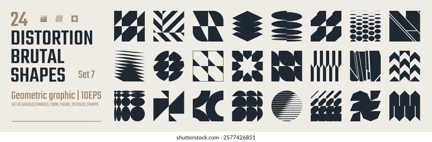 Postmodern abstract geometric graphic elements, Refraction and distortion glass effect various form, Brutalist vector shapes, trendy retro design symbols in Y2K aesthetics, vintage stickers, set 7