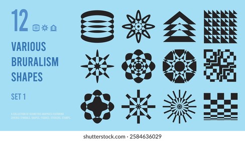 Postmodern abstract geometric graphic elements, Refraction and distortion glass effect various form, Brutalist vector shapes, trendy retro design symbols in Y2K aesthetics, vintage stickers