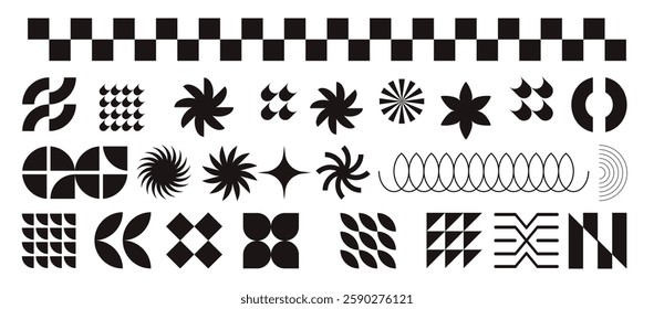 Postmodern abstract geometric graphic elements, Refraction and distortion glass effect various form, Brutalist vector shapes, trendy retro design symbols in Y2K aesthetics, vintage stickers
