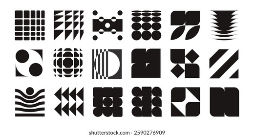 Postmodern abstract geometric graphic elements, Refraction and distortion glass effect various form, Brutalist vector shapes, trendy retro design symbols in Y2K aesthetics, vintage stickers