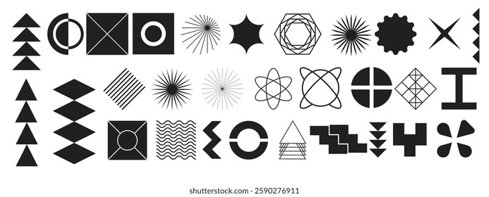 Postmodern abstract geometric graphic elements, Refraction and distortion glass effect various form, Brutalist vector shapes, trendy retro design symbols in Y2K aesthetics, vintage stickers