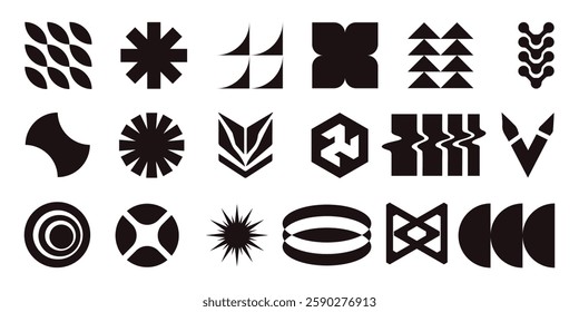 Postmodern abstract geometric graphic elements, Refraction and distortion glass effect various form, Brutalist vector shapes, trendy retro design symbols in Y2K aesthetics, vintage stickers