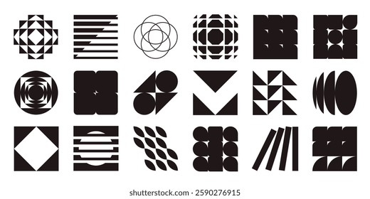 Postmodern abstract geometric graphic elements, Refraction and distortion glass effect various form, Brutalist vector shapes, trendy retro design symbols in Y2K aesthetics, vintage stickers