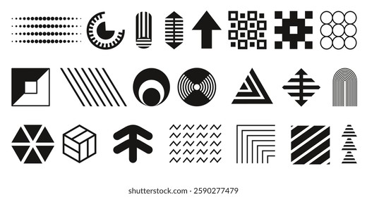 Postmodern abstract geometric graphic elements, Refraction and distortion glass effect various form, Brutalist vector shapes, trendy retro design symbols in Y2K aesthetics, vintage stickers