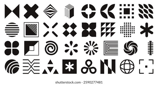 Postmodern abstract geometric graphic elements, Refraction and distortion glass effect various form, Brutalist vector shapes, trendy retro design symbols in Y2K aesthetics, vintage stickers