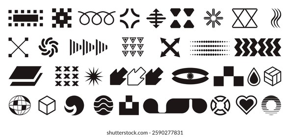 Postmodern abstract geometric graphic elements, Refraction and distortion glass effect various form, Brutalist vector shapes, trendy retro design symbols in Y2K aesthetics, vintage stickers