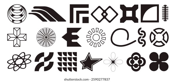 Postmodern abstract geometric graphic elements, Refraction and distortion glass effect various form, Brutalist vector shapes, trendy retro design symbols in Y2K aesthetics, vintage stickers