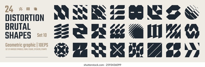 Postmodern abstract geometric graphic elements, Refraction and distortion glass effect various form, Brutalist vector shapes, trendy retro design symbols in Y2K aesthetics, vintage stickers, set 10