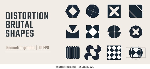 Postmodern abstract geometric graphic elements, Refraction and distortion glass effect various form, Brutalist vector shapes, trendy retro design symbols