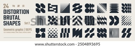 Postmodern abstract geometric graphic elements, Refraction and distortion glass effect various form, Brutalist vector shapes, trendy retro design symbols in Y2K aesthetics, vintage stickers, set 2