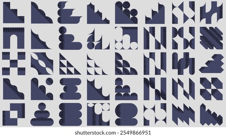 Postmodern abstract geometric graphic elements,A grid of navy blue geometric shapes with textured patterns on a light gray background. Featuring curves, triangles, and angular forms, minamlis design