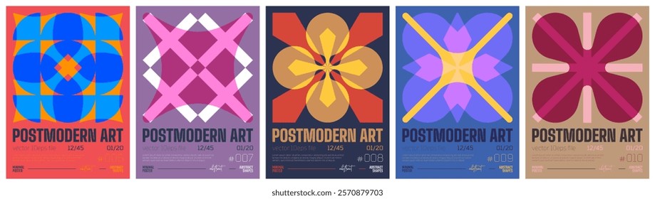 Postmodern art colorful trendy poster, abstract geometric composition graphic in Y2K aesthetics, vector simple shapes acid print artwork modernism and minimalistic brutal style A4 format set 2