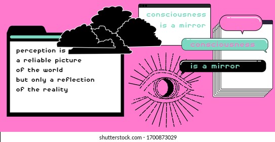 Postmodern artsy collage with user interface elements, speech bubbles and all-seeing eye on pastel pink background. Surreal style vector illustration.