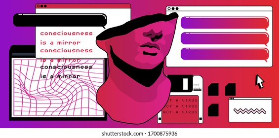 Postmodern artsy collage with user interface elements, speech bubbles and marble bust on red background. Surreal style vector illustration.