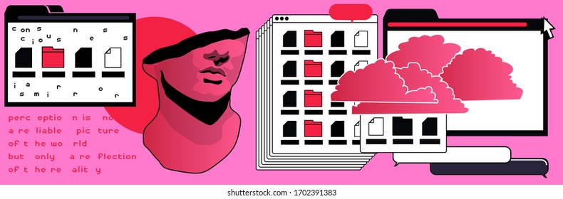 Postmodern artsy collage with user interface elements and marble bust on pink background. Surreal vaporwave style vector illustration.