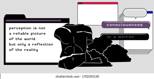Postmodern artsy collage with user interface elements, speech bubbles and marble sculpture. Surreal style vector illustration.