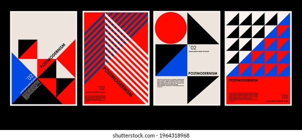 Postmodern artworks vector posters inspired by abstract dynamic symbols with bold geometric shapes, useful for web background, poster art design, magazine front page, hi-tech print, cover artwork