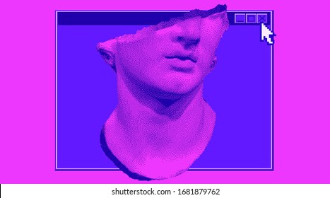 Postmodern collage with sculpture in 8-bit pixel art style and console window. Vaporwave retro style illustration.