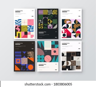 Post-Modern collection design of A4 size vector cover mockup created in modernism and minimalistic brutalism style, useful for poster art, magazine front page, decorative print, web banner artwork.