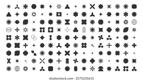Postmodern geometric abstract shapes, Retro design symbols in Y2K. Brutalist vector shapes, trendy retro design symbols in Y2K style. Geometric shapes set.