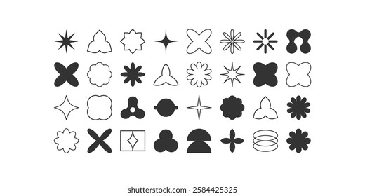 Postmodern geometric abstract shapes, Retro design symbols in Y2K. Brutalist vector shapes, trendy retro design symbols in Y2K style. Geometric shapes set.
