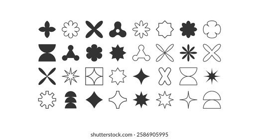 Postmodern geometric abstract shapes, Retro design symbols in Y2K. Brutalist vector shapes, trendy retro design symbols in Y2K style. Geometric shapes set.