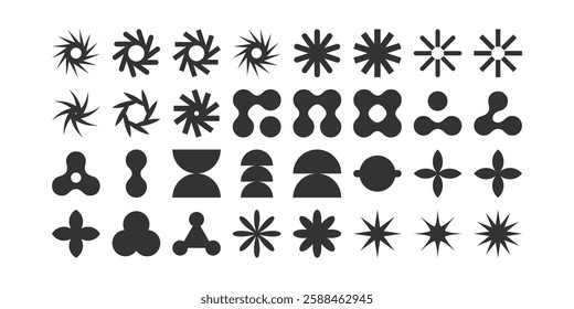 Postmodern geometric abstract shapes, Retro design symbols in Y2K. Brutalist vector shapes, trendy retro design symbols in Y2K style. Geometric shapes set.
