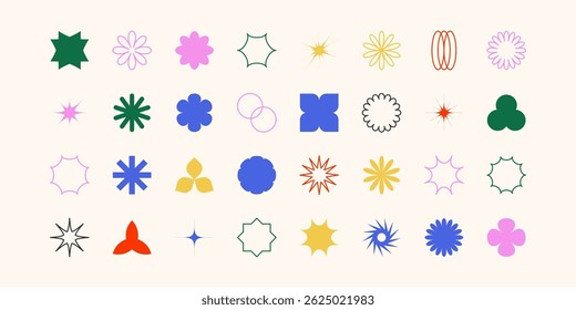 Postmodern geometric abstract shapes, Retro design symbols in Y2K. Brutalist vector shapes, trendy retro design symbols in Y2K style. Geometric shapes set.